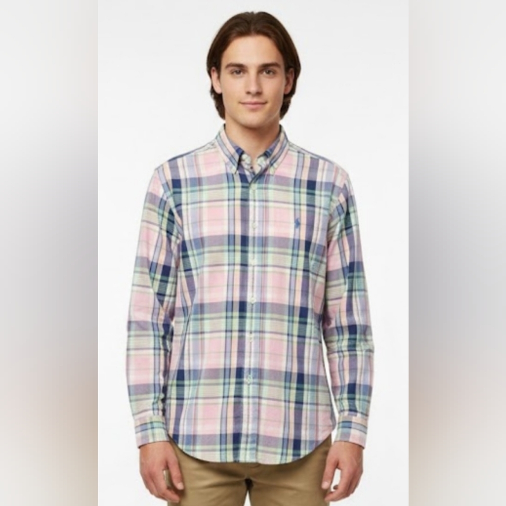 Ralph Lauren Classic Fit Pink Blue Plaid Button-Down Shirt Preppy L